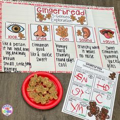 gingerbread cookies are on a red plate next to a paper with words and pictures