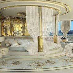 a bedroom with gold and white decor on the walls, flooring and bedding