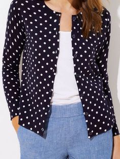 Ann Taylor LOFT Dotted Signature Cardigan AVAILABLE IN PETITE SIZES: X-Small Petite COLOR: Forever Navy (C0473) RETAIL PRICE: $59.50 100% Cotton Machine Wash in Cold Water, Gentle Cycle; Dry Low Imported Soft and lightweight cardigan!  Button front Round neck Long sleeves Ribbed trims Softly fitted Unlined Versatile Lightweight Approximate laying flat armpit to armpit measurements (softly fitted): Size X-Small Petite: 16.5" (can stretch up to 17") #493468 AUTHENTICITY GUARANTEED! THIS ITEM HAS B Casual Polka Dot Outerwear For Spring, Fitted V-neck Fine Knit Outerwear, Loft Cardigan Black, Polka Dot V-neck Top With Ruffles, Lightweight Cardigan, Ann Taylor Loft, Vogue Fashion, Petite Size, Woman Colour