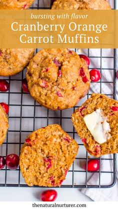 cranberry orange carrot muffins on a cooling rack