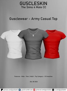 three t - shirts with the text guscle wear 4 male cc