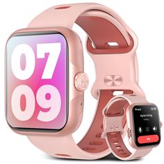 an apple watch with pink band and the time displayed on it's display screen