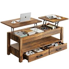 two wooden tables with drawers and a laptop computer on one table, both holding books