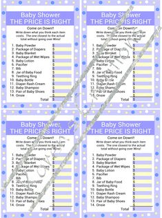 baby shower checklist with blue and white polka dots on the bottom, in three different colors