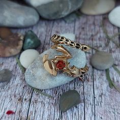 two gold rings sitting on top of a rock next to some rocks and pebbles with red stones in the background