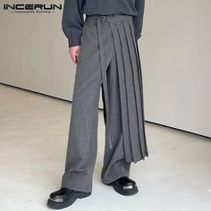 SPECIFICATIONS Brand Name: INCERUN Applicable Season: Four Seasons Origin: Mainland China CN: Guangdong Material: POLYESTER Applicable Scene: CASUAL Pant Style: Wide leg pants Style: Casual Model Number: Men Detachable Half Pleated Casual Skirt Pants Thickness: midweight Waist Type: MID Decoration: none Gender: MEN Item Type: full length Place Of Origin: China (mainland) Closure Type: Elastic Waist Fabric Type: Broadcloth Length: full length Front Style: Pleated Fit Type: LOOSE Color: Black,Gray Size: S,M,L,XL,2XL,3XL,4XL,5XL,Plus Size Size:S,M,L,XL,2XL,3XL,4XL,5XLFabric Material:100%PolyesterColor:Black,GraySuitable Type:FitStyle:BasicsOccasion:LeisurePattern:Solid colorThickness:ModerationProduct Description:Men's solid color long pants.Label: YesPackage Included:1 * Pants Please note:Th Joggers Streetwear, Casual Pants Style, Trousers Casual, Polyester Pants, Straight Trousers, Pantalon Large, Well Dressed Men, Casual Skirt, Casual Style Outfits