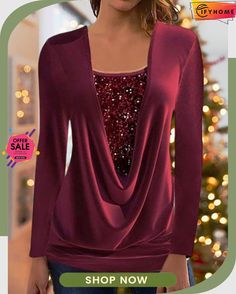 Square Neck Casual Plain Glitter Top Sequence Tops, Fast Fashion Brands, Christmas Clothes, Glitter Top, Sequin Blouse, Stylish Clothes, Red Sequin, Christmas Wine, Women Shirts Blouse