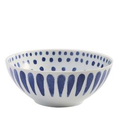 a blue and white bowl on a white background with polka dots in the bottom half