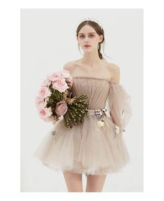 Shop Gorgeous Off Shoulder Tulle Tutu Mini Short Party Dress with Flowers For Formal free shipping online. Custom-made your size or color. Pro since 2009. Summer Long Sleeve Tulle Tutu Dress, Spring Long Sleeve Tutu Dress With Tulle Skirt, Elegant Tutu Dress For Prom In Spring, Elegant Spring Tutu Dress For Prom, Spring Party Long Sleeve Tutu Dress, Spring Party Tutu Dress With Long Sleeves, Elegant Fairy Dress For Bridesmaids In Spring, Elegant Spring Fairy Dress For Bridesmaids, Spring Banquet Dress With Tulle Skirt