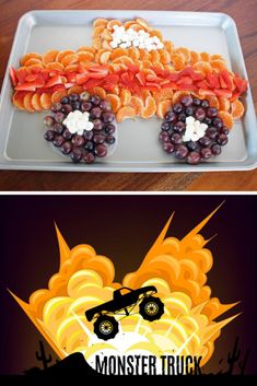 the monster truck is made out of pasta and grapes on it's side, while the