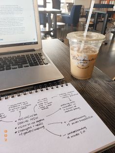 a laptop computer sitting on top of a wooden table next to a cup of coffee