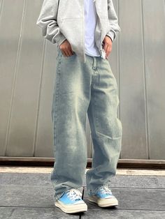 Men's Loose Fit Vintage Denim Jeans Light Wash    Denim Plain Wide Leg Non-Stretch  Men Clothing, size features are:Bust: ,Length: ,Sleeve Length: Harajuku Street Style Men, Clothing For Men, Jean Sweatpants, Indie Boy Outfits, Outfit 2000s Style, Jean Aesthetic, Light Blue Jeans Outfit, Softboy Outfits