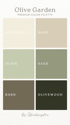 the olive garden color palette is shown in shades of green, beige and brown with white lettering