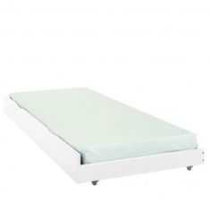 a white bed frame with no sheets on top and bottom mattress in the middle, against a white background