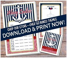 two printable coup sheets with the text shop our store over 50 bunco themes