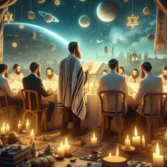 a group of people sitting at a table with candles in front of them and an image of the earth