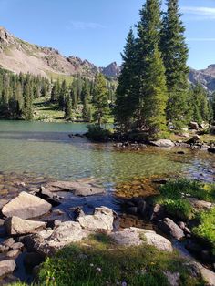 a small lake surrounded by trees and rocks