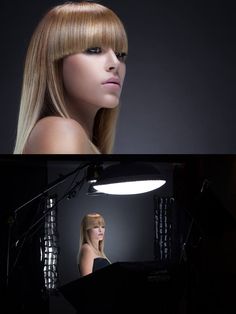 a woman with long blonde hair standing in front of a camera and lighting behind her