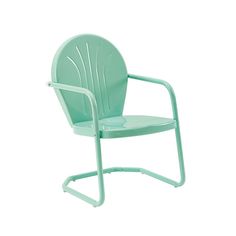 a mint green plastic chair with arms and back rests on a white background, it appears to be empty