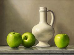 an oil painting of three green apples and a white vase on a ledge with one apple in the foreground