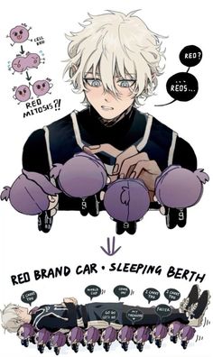 an anime character is sitting down with his hands on his chest and the words red band car