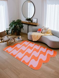 LanySpace Irregular Shaped Orange and Pink Wavy Rug in Living Room Living Room Makeover, Pastel Hues, Pet Friendly, Designer Collection, Room Makeover, Swirl, Color Palette, Modern Design, Pastel