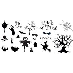 a collection of halloween silhouettes on a white background with words trick or treat spooky