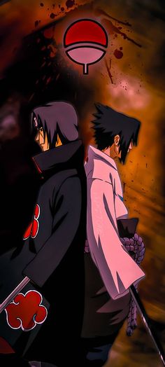 two anime characters standing next to each other in front of a red and black background