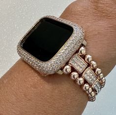 Beaded Apple Watch Band Women's Rose Gold or Apple Watch Case Lab Diamond Cover Apple Watch Bands Rose Gold, Mens Bling, Apple Watch Bands Women, Rose Gold Crystal, Apple Watch Case, Women Rising, Bezel Diamond, Watch Case, Lab Diamonds