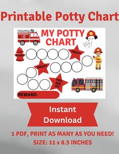 printable potty chart for kids with firetrucks and stars on it