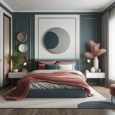 a bedroom with blue walls, white and pink decor and a round mirror on the wall