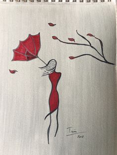 a drawing of a woman flying a red umbrella in the wind with leaves on it