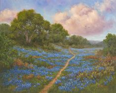 an oil painting of a blue flower field