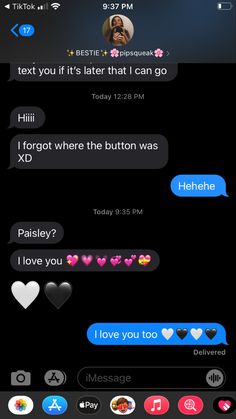 the text message messages are being displayed on an iphone's screen, with hearts and other