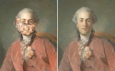 two pictures of a man with flowers in his mouth