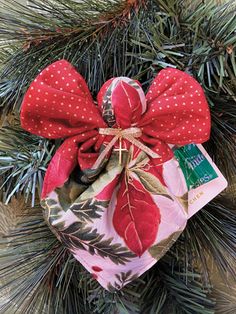 a christmas ornament hanging from a pine tree with red and white bows on it