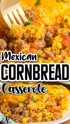 mexican cornbread casserole on a plate with a fork