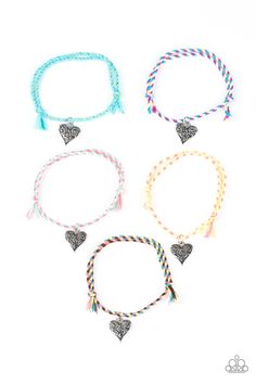 Bracelets in assorted colors. Featuring a decorative silver heart charm, this colorfully multicolored braided bracelet vary in shades of Yellow and Pink. Bracelets feature adjustable sliding knot closures.

Sold as one kid's bracelet. Sliding Knot Bracelet, Sliding Knot Closure, Adjustable Sliding Knot, Bracelet Kit, Shades Of Blue Green, Packing Jewelry, Bracelet Kits, Kids Bracelets, Paparazzi Accessories