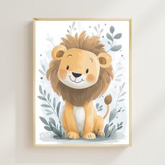 a painting of a lion sitting in front of a white wall with leaves on it