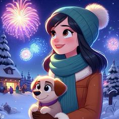 a woman holding a dog in her arms with fireworks in the sky behind her and snow covered trees