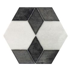 a black and white hexagonal tile pattern on a white background with grey accents