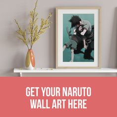 a shelf with two vases on top of it and an image of naruto