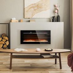 a living room with a fire place on the wall