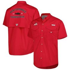 a red fishing shirt with the words performance and fish gear on it's chest