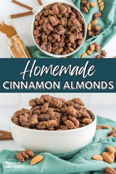 homemade cinnamon almonds in a white bowl on top of a blue towel