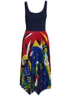 black/multicolour scoop neck sleeveless scoop back pleated skirt asymmetric hem Midi Dress Blue, Versace Outfit, Pleated Midi Dress, Blue Midi Dress, High End Fashion, Asymmetrical Hem, Dress Blue, Asymmetric Hem, Pleated Skirt