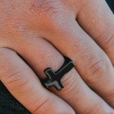 Black Jayden Ring | Lucleon | 365 day return policy Elegant Pouch, Steel Cross, Welcome To The Family, Jewelry For Men, Cross Ring, Ring Size Guide, Black Stainless Steel, Favorite Rings, Ring Box