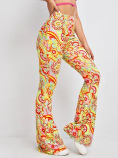 Floral Print Flare Leg Pants Multicolor Boho   Fabric Floral,All Over Print Flare Leg Slight Stretch Spring/Summer/Fall Women Clothing, size features are:Bust: ,Length: ,Sleeve Length: Boho Fabric, Cute Pants, Spirit Week, High Waisted Flares, Flare Leg Pants, Shopping Deals, Flounce Sleeve, Flare Leggings, Women Pants