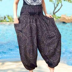 SPECIAL STYLE OUR DESIGN ...ONLY HERE FROM OUR STORE + Featuring an enchanting lovely pattern + these bohemian harem trousers are perfect for yoga, meditation, or casual summer `wear and more + Plus Size comfortable elastic panel around wasit with 2 side pockets + deal for festivals, beach outings, or lounging at home. Add a touch of Thai artistry to your wardrobe today! rayon 100% MEASUREMENT:(please use as an estimate) Waist: lay flat side-side: 15-28"  (round 30"-58") HIP :  lay flat side-side: 32"  (round 60") Length from top to hem: 41"  ---------------------------- Wholesale available - made to order ---------------------------- we do measurement in inch. we are always happy to help with any concerns or questions for your size so don't hesitate to contact us :) FREE shipment  :We do Bohemian Harem Bottoms With Pockets, Summer Cotton Harem Pants, Black Harem Pants For Summer Vacation, Summer Hippie Relaxed Fit Harem Pants, Hippie Relaxed Fit Harem Pants For Summer, Black Harem Pants For Beach And Summer, Relaxed Fit Harem Pants For Summer Festivals, Summer Harem Pants With Pockets, Summer Harem Pants For Meditation With Relaxed Fit