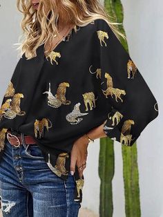 Gender:Women Type:Blouses Feature:V-Neck. Animal Print. Long Sleeve Material:Polyester Style:Casual/Fashion Color:Black. Light_Green. Light_Yellow Size:M. L. XL. 2XL. 3XL. 4XL Please Note:All Dimensions Are Measured Manually With A Deviation Of 1 To 3cm. Leopard Graphic, Shirting Fabric, Black Lace Blouse, Women's Blouses, Stylish Clothes For Women, Fashion Color, Loose Blouse, Lace Fashion, Print Blouse